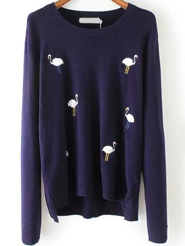 Romwe Dip Hem Swan Embroidered Navy Sweater