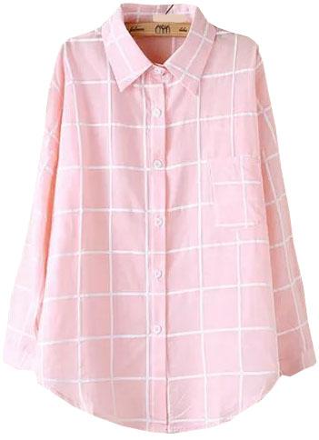 Romwe Lapel With Buttons Plaid Pink Blouse