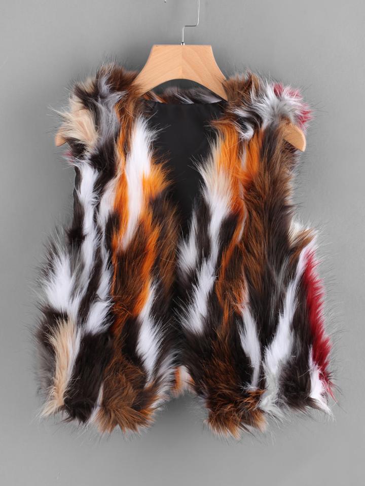 Romwe Sleeveless Open Front Fake Fur Coat
