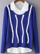Romwe Lapel Embroidered Contrast Trims Royal Blue Sweater With Beaded