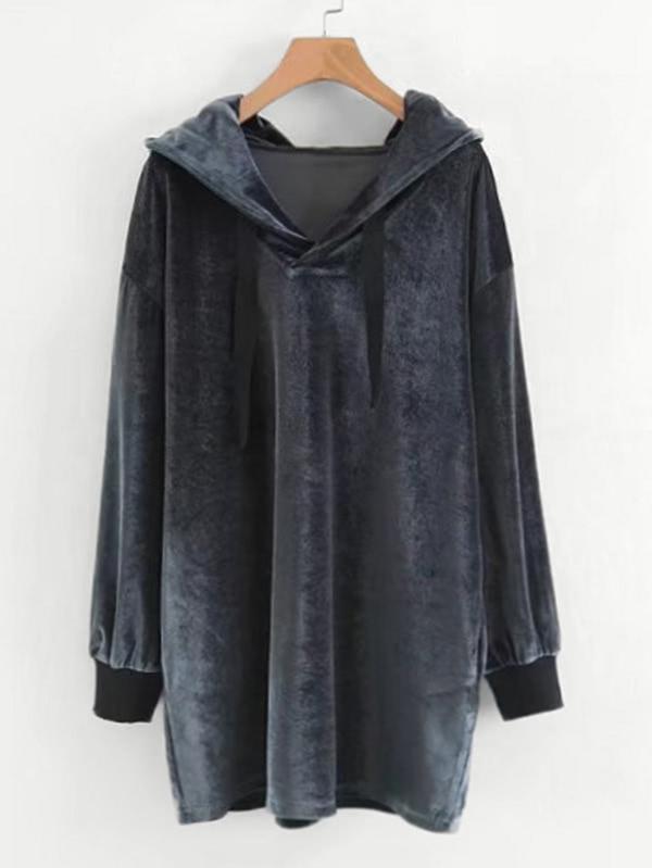 Romwe Longline Velvet Hoodie
