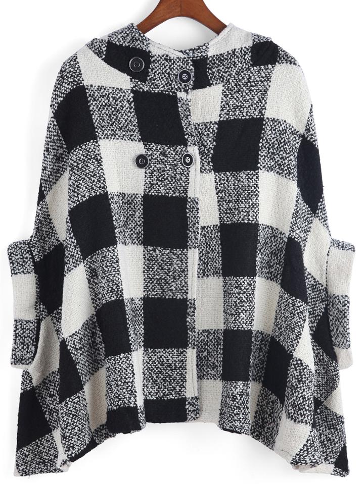 Romwe Hooded Plaid Dolman Coat