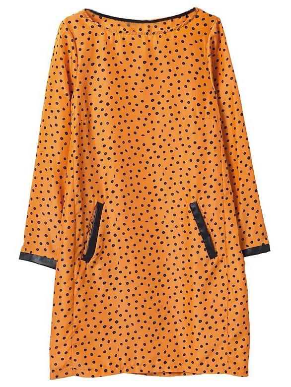 Romwe Orange Pockets Polka Dot Print Shift Dress