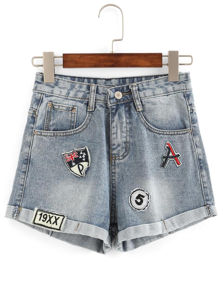 Romwe Rolled Hem Patch Denim Shorts