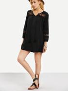 Romwe Black Lace-insert Tassel Tie-neck Dress