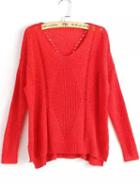 Romwe V Neck Side Split Hollow Red Sweater