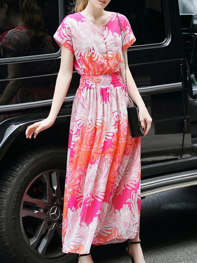 Romwe Hot Pink Elastic-waist Print Maxi Dress