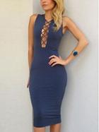 Romwe Navy Blue Sleeveless Lace Up Front Pencil Dress
