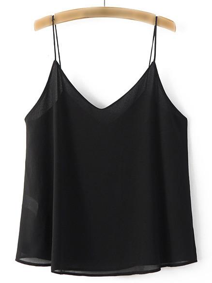 Romwe Black V Neck Spaghetti Strap Chiffon Cami Top