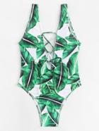 Romwe Palm Print Lace Up Swimsuit