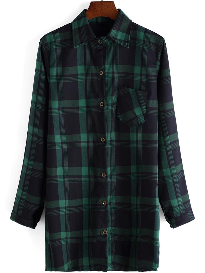 Romwe Lapel Plaid Buttons Pocket Long Green Blouse