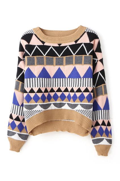 Romwe Colorful Geometry Knitted Arc Hem Jumper