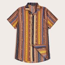 Romwe Guys Aztec Print Curved Hem Shirt
