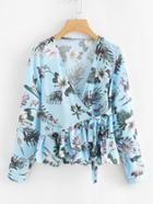 Romwe Floral Print Ruffle Hem Knot Side Top