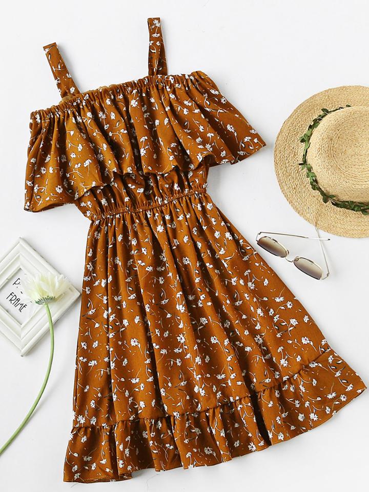 Romwe Calico Print Frill Blouson A Line Dress