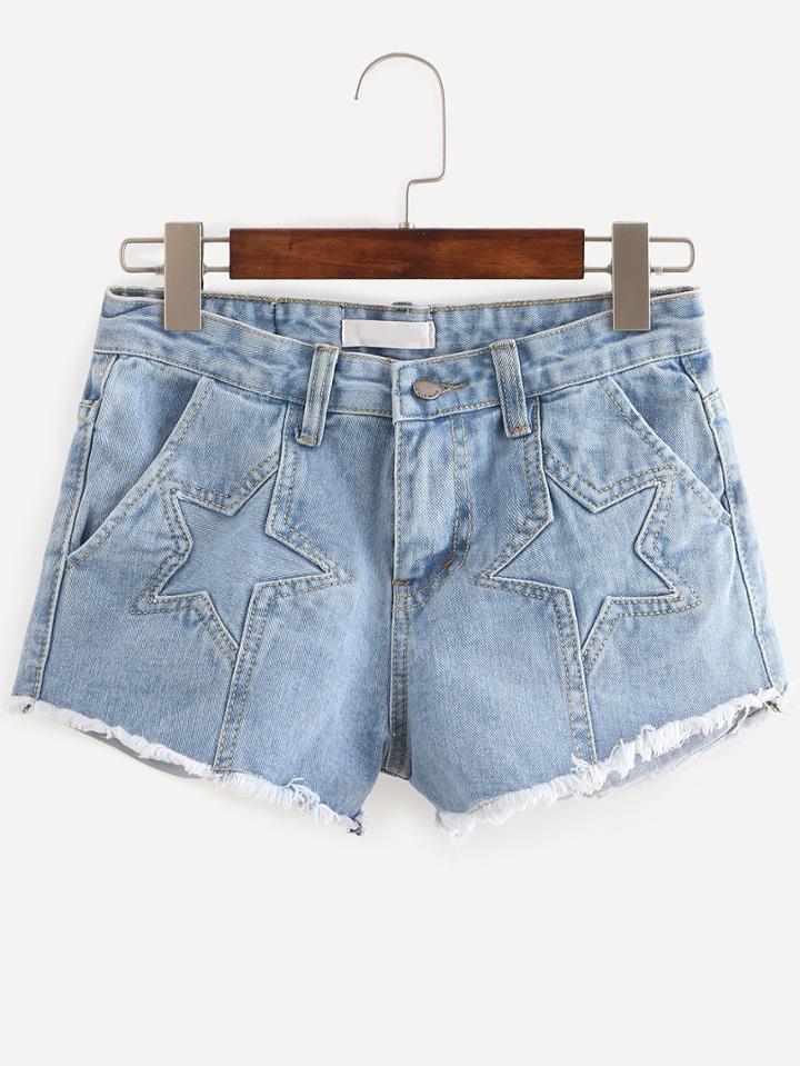 Romwe Raw Hem Star Patch Light Blue Denim Shorts