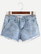 Romwe Raw Hem Star Patch Light Blue Denim Shorts