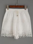 Romwe White Drawstring Waist Contrast Lace Hollow Out Shorts