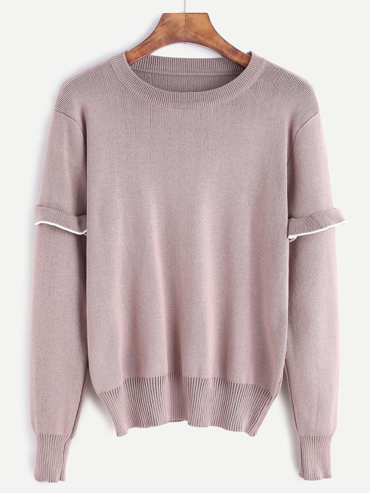 Romwe Round Neck Sleeve Ruffle Trim Sweater