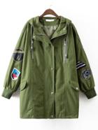 Romwe Army Green Embroidery Drawstring Hooded Coat