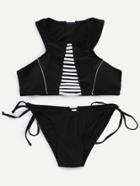 Romwe Black Contrast Stripe Back Strappy Bikini Set