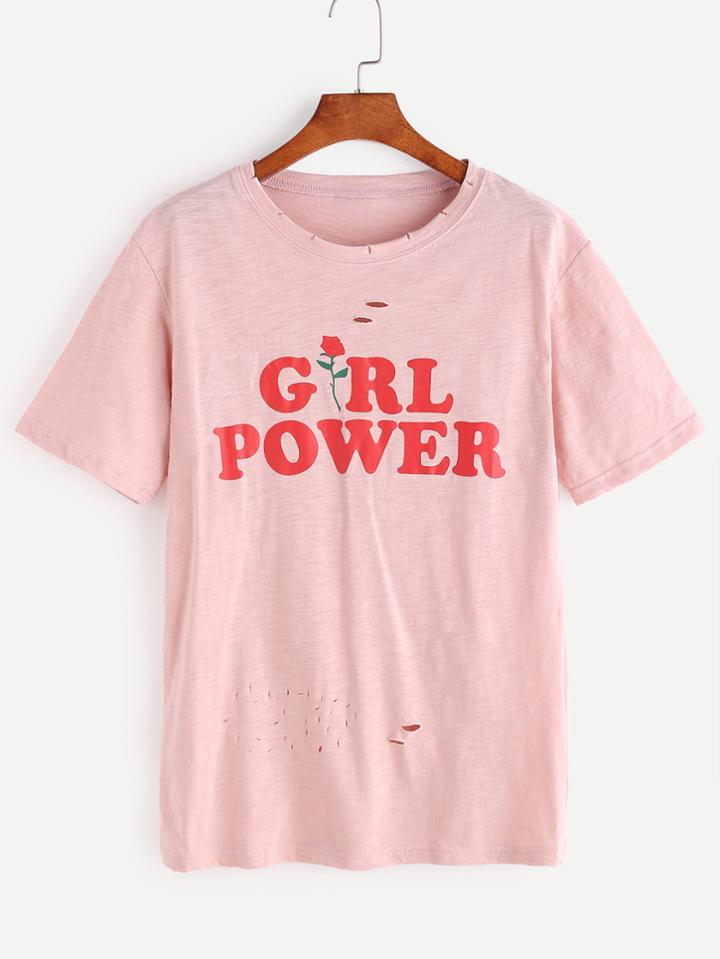 Romwe Pink Letter And Rose Print Ripped T-shirt