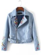 Romwe Blue Bird Embroidery Zipper Pu Jacket With Belt