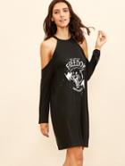 Romwe Black Tiger Head Print Cold Shoulder Dress