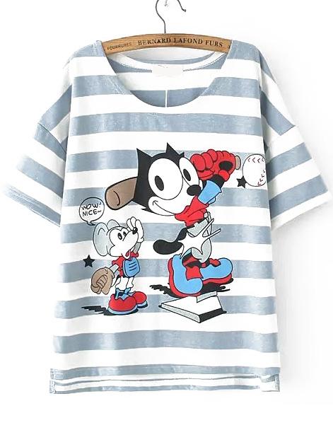 Romwe Mouse Baseball Print Striped Blue T-shirt
