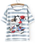 Romwe Mouse Baseball Print Striped Blue T-shirt