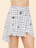 Romwe White Printed Grid Asymmetric Skirt