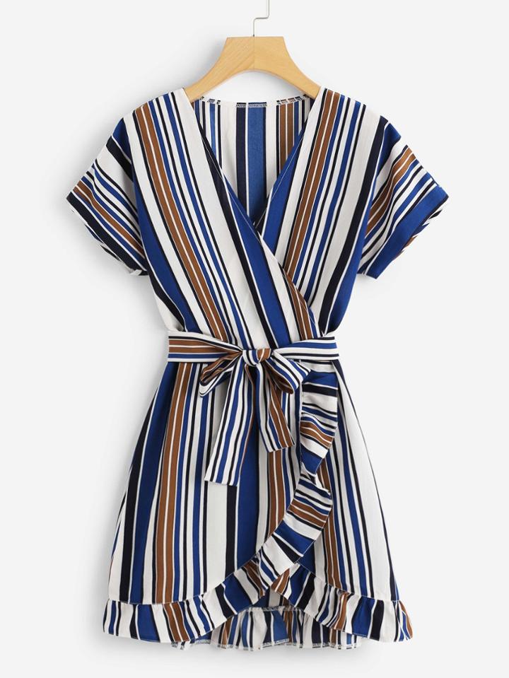 Romwe Ruffle Trim Striped Self Tie Waist Dress