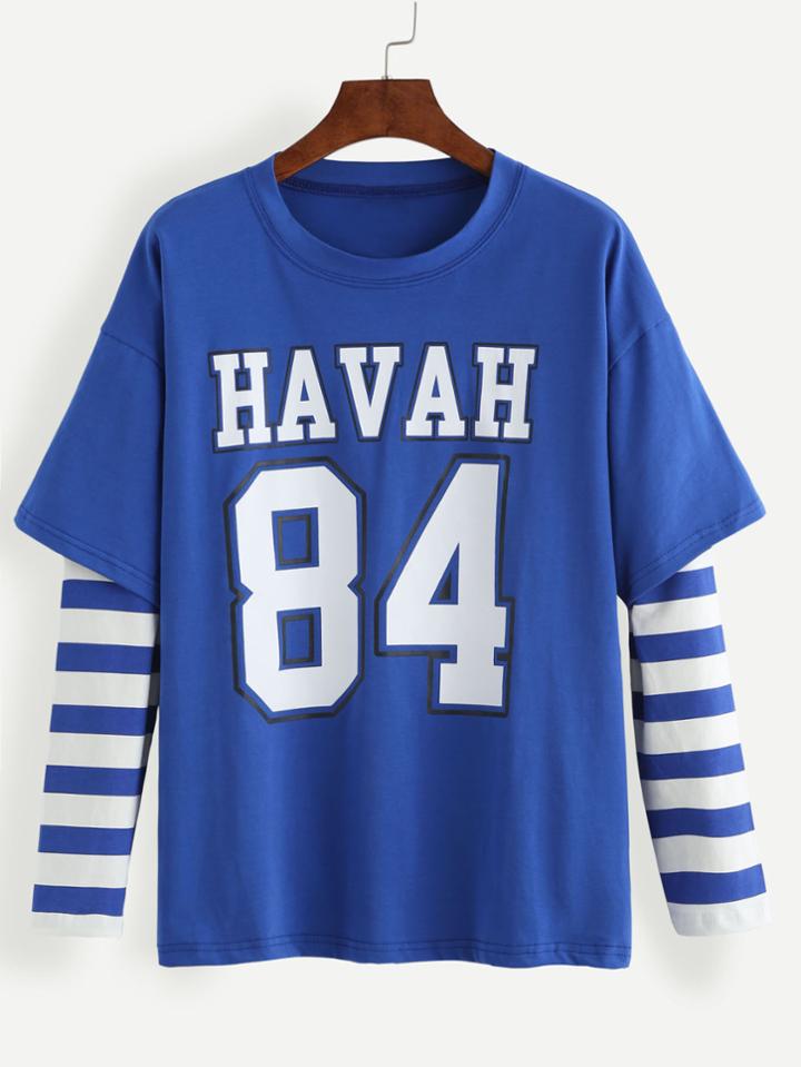 Romwe Blue Print Striped Drop Shoulder 2 In 1 T-shirt