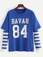 Romwe Blue Print Striped Drop Shoulder 2 In 1 T-shirt