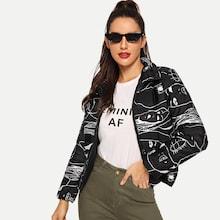 Romwe Abstract Print Collar Crop Coat
