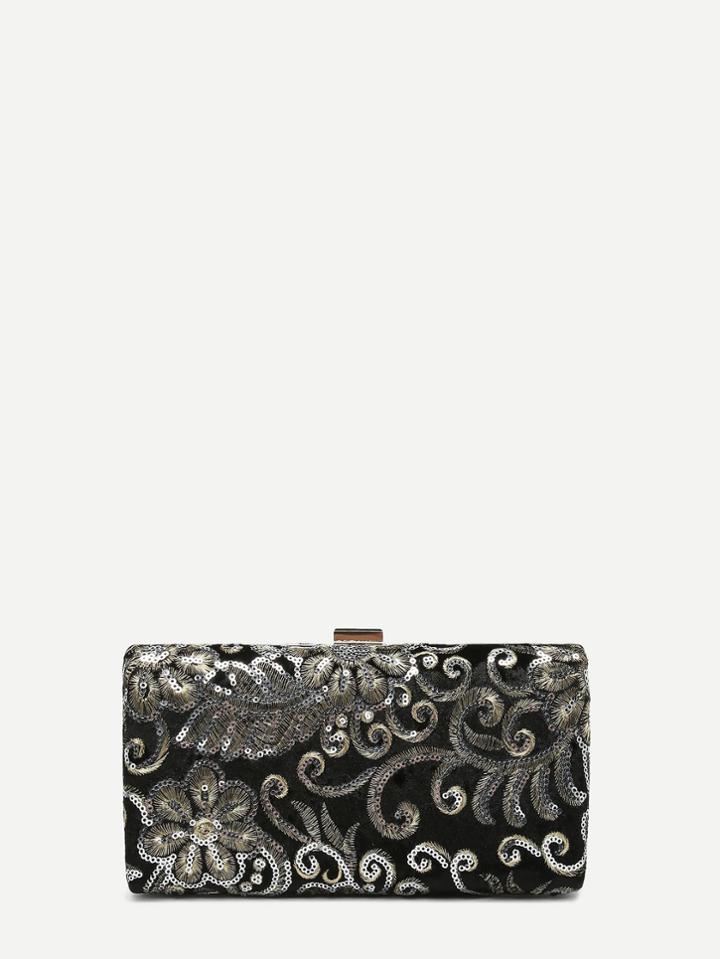 Romwe Sequin Flower Velvet Clutch Bag