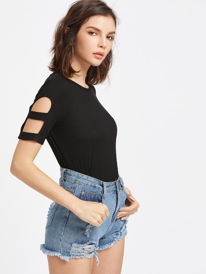 Romwe Black Ladder Cutout Short Sleeve Ribbed T-shirt