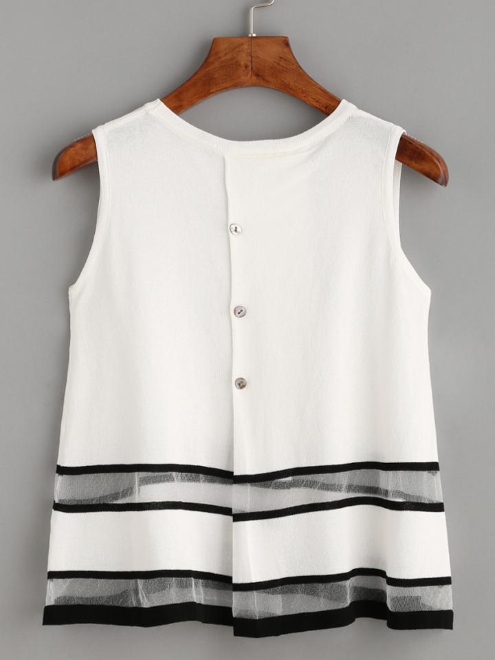 Romwe White Striped Sheer Insert Buttons Sleeveless Knit Top