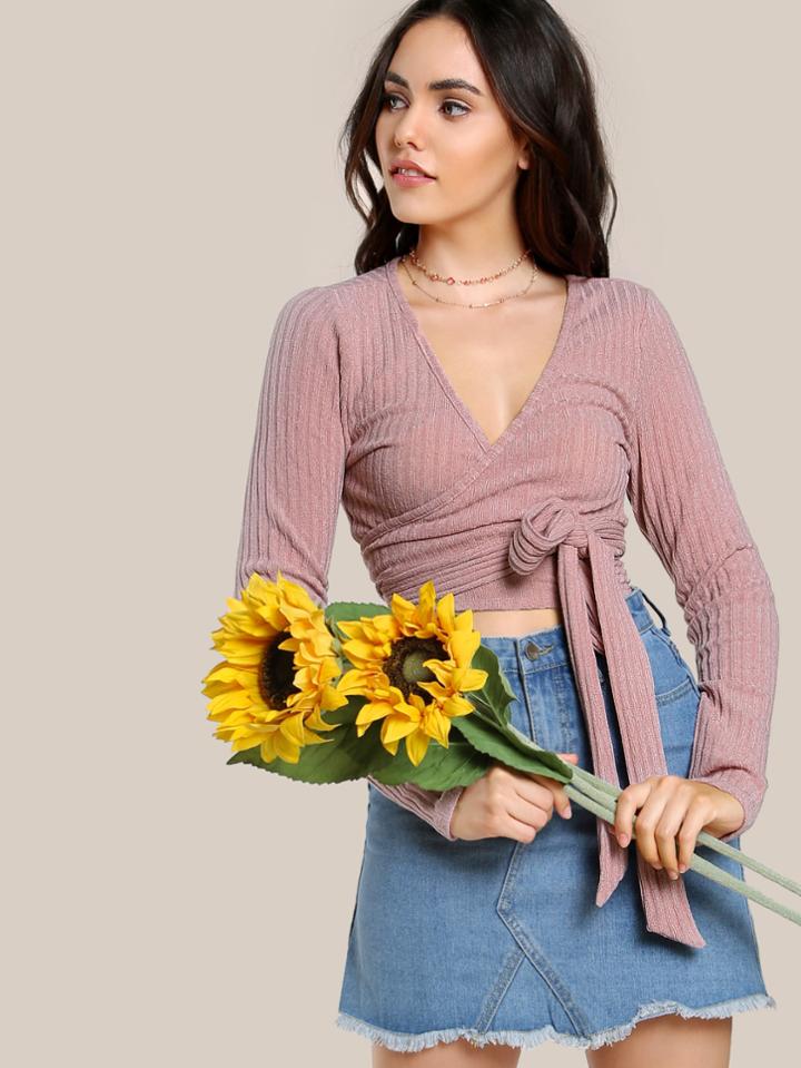 Romwe Rib Knit Surplice Wrap Crop Tee