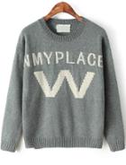 Romwe W Nmyplace Print Knit Light Grey Sweater