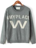 Romwe W Nmyplace Print Knit Light Grey Sweater