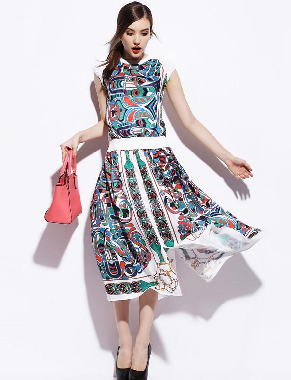 Romwe White Short Sleeve Vintage Print Chiffon Dress