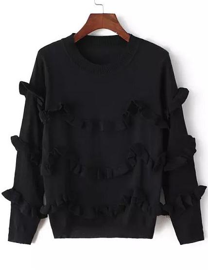 Romwe Round Neck Fungus Edge Black Sweater