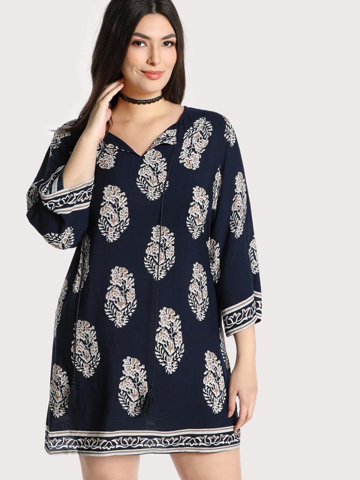 Romwe Tassel Tie Neck Tunic Dress
