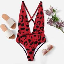 Romwe Leopard Deep-v Criss Cross Backless One Piece Swimsuit