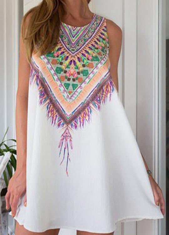 Romwe Tribal Print Chiffon Shift White Dress