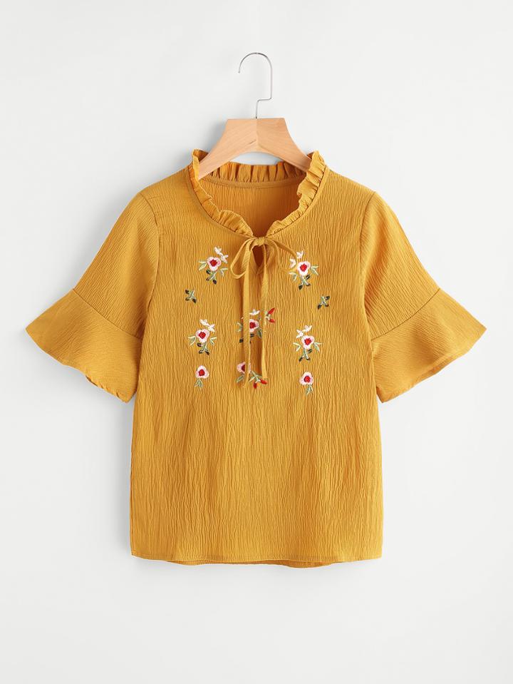 Romwe Floral Embroidered Self Tie Neck Pleated Frill Blouse