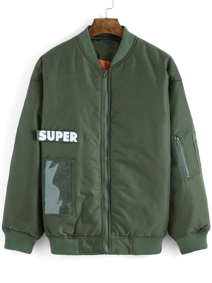 Romwe Letter Print Zipper Army Green Jacket