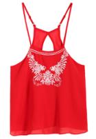 Romwe Spaghetti Strap Embroidered Loose Red Vest