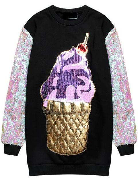 Romwe Ice Cream Print Sequined Color Block Sweatshirt